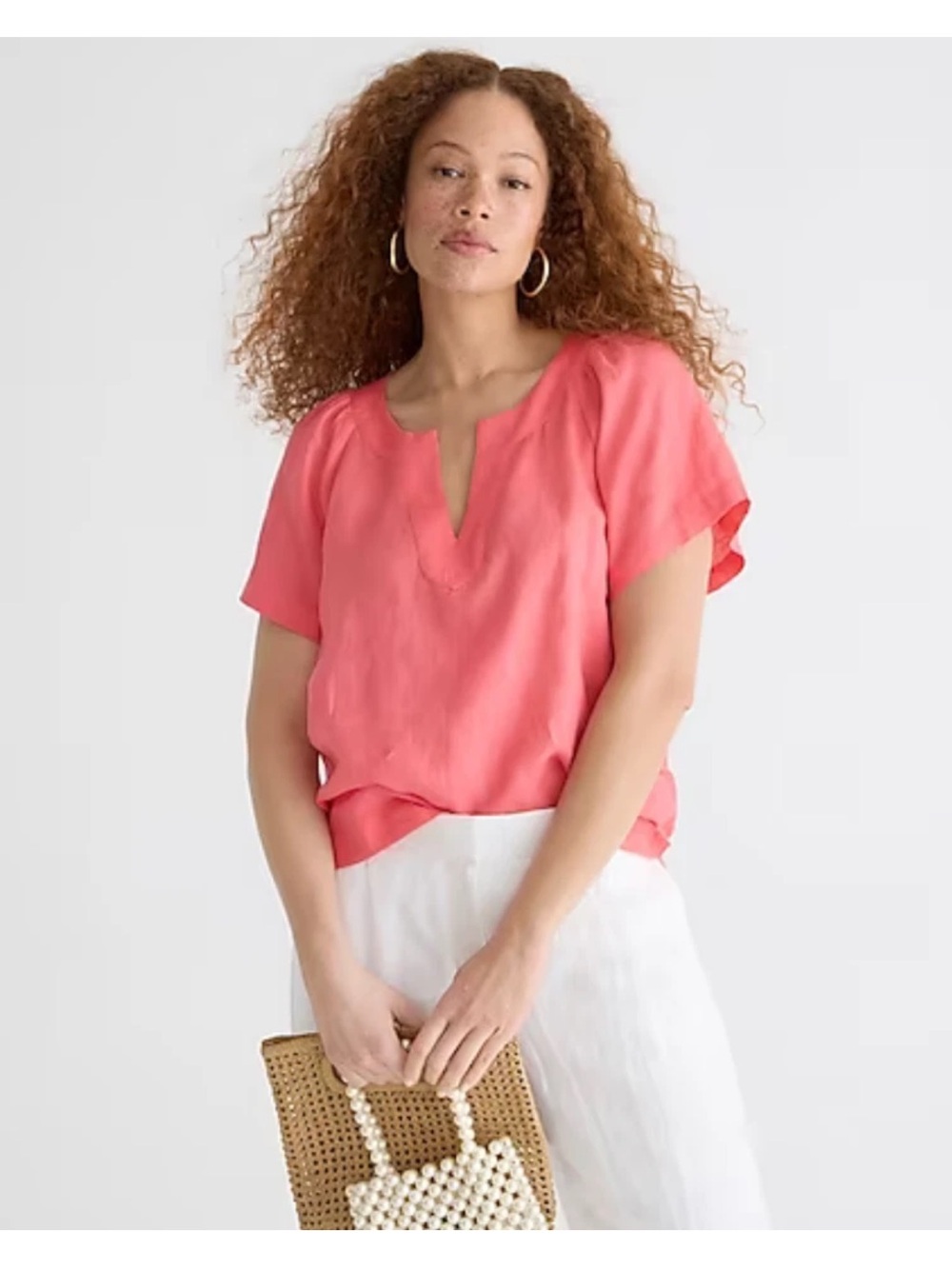 J. Crew Coral Linen Split-Neck Flutter Sleeve Top XS